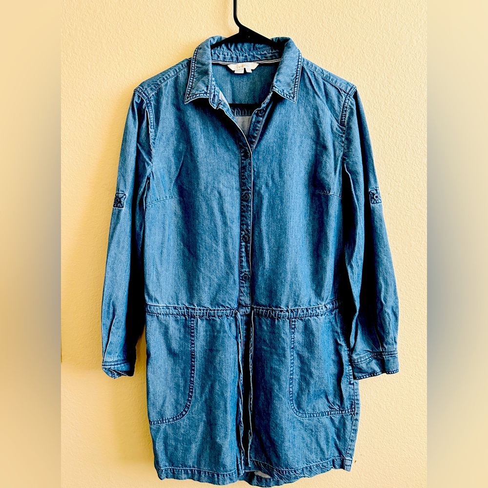 NWOT Boden Denim women’s long sleeved button down tie waist romper in US 8
